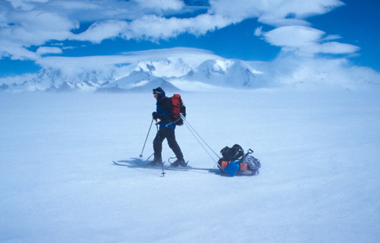 Towing sledges towards camp two on San Valentin, on our November 20003 expedition to the mountain. 