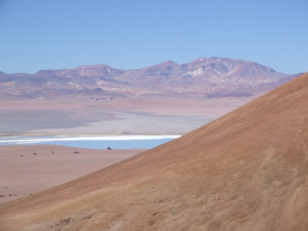 San Pedro as seen across the Laguna de Tara from Chile.