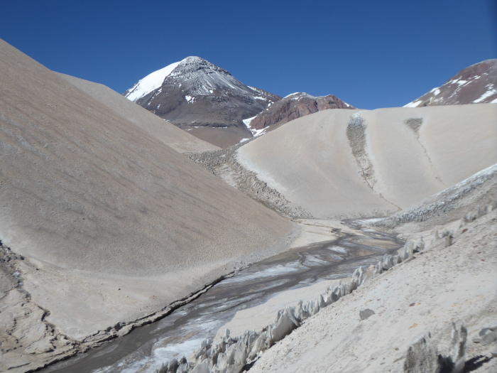 Tres Cruces Sur from the Llanos de Rivera to the east. There are big glaciers on this side of the peak. 